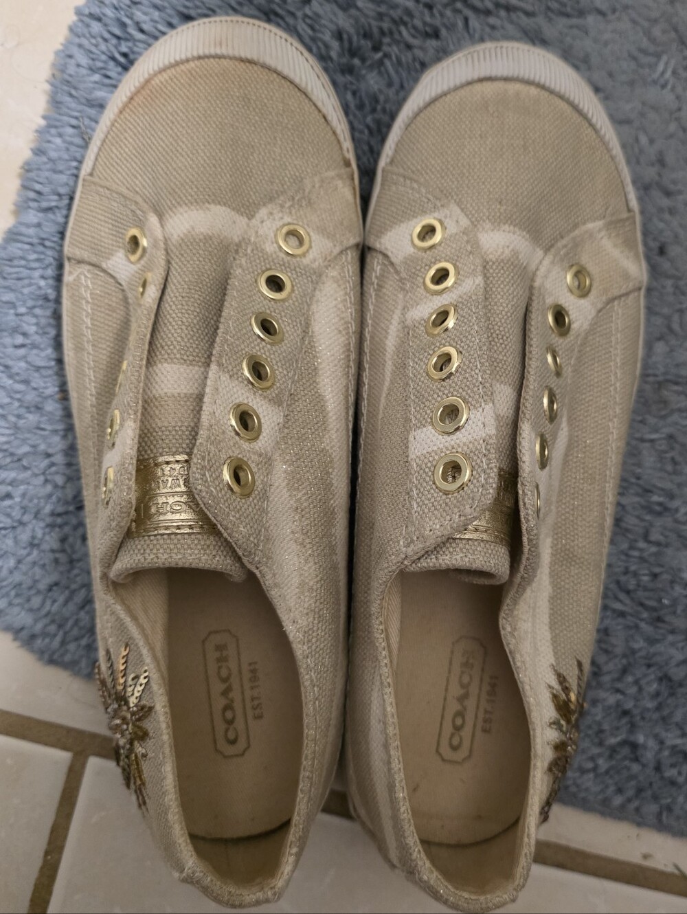Coach Metallic Gold Canvas Slip-On Sneakers with Gold Eyelets